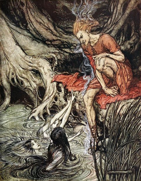 Arthur Rackham: Loge, god of fire, and the Rhinemaidens